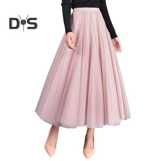 Women Midi Skirt Elastic High Waist Long Skirt with Solid Mesh Hem Solid Color A-Line Skirt Daily Wear