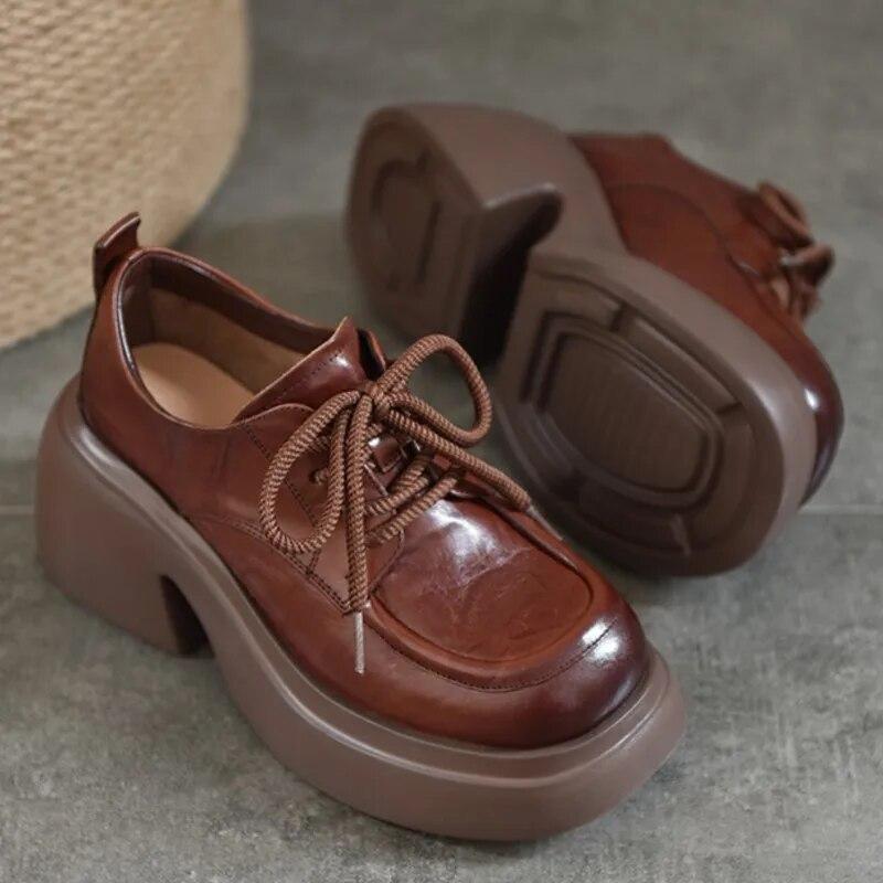 Johnature Lodičky na vysokém podpatku z pravé kůže Ženy Nepromokavé Platforma Šněrování Hrubé podpatky Boty na klínku