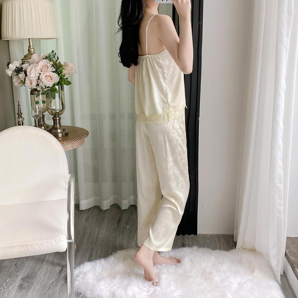 Women's Summer Ice Silk Camisole & Long Pants 3-Piece Set with Chest Pads - Light Luxury Homewear