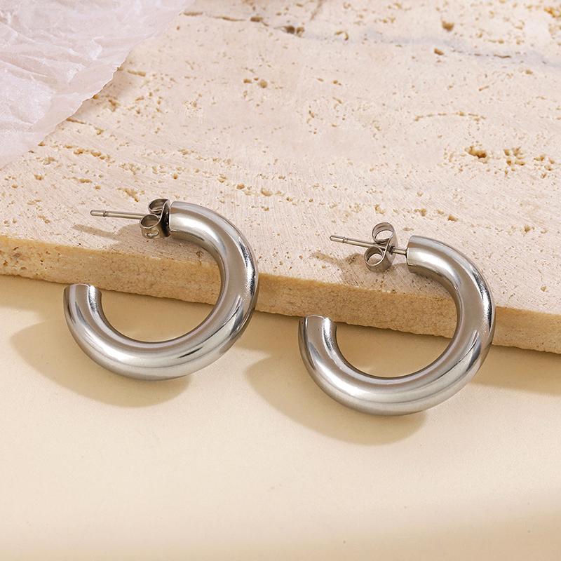 Classic Vintage Smooth Round C Shape Hoop Earrings Women 5mm Thick Stainless Steel Huggie Stud Earrings Circle Fashion Jewelry