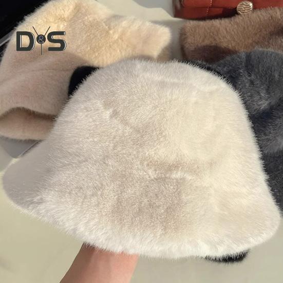 Damen Winter-Eimerhut, flauschiger Plüsch, kurze Krempe, einfarbig, Kuppel, winddicht, wärmend, Sonnenschutz, Fischermütze, Kopfbedeckung für Outdoor-Reisen