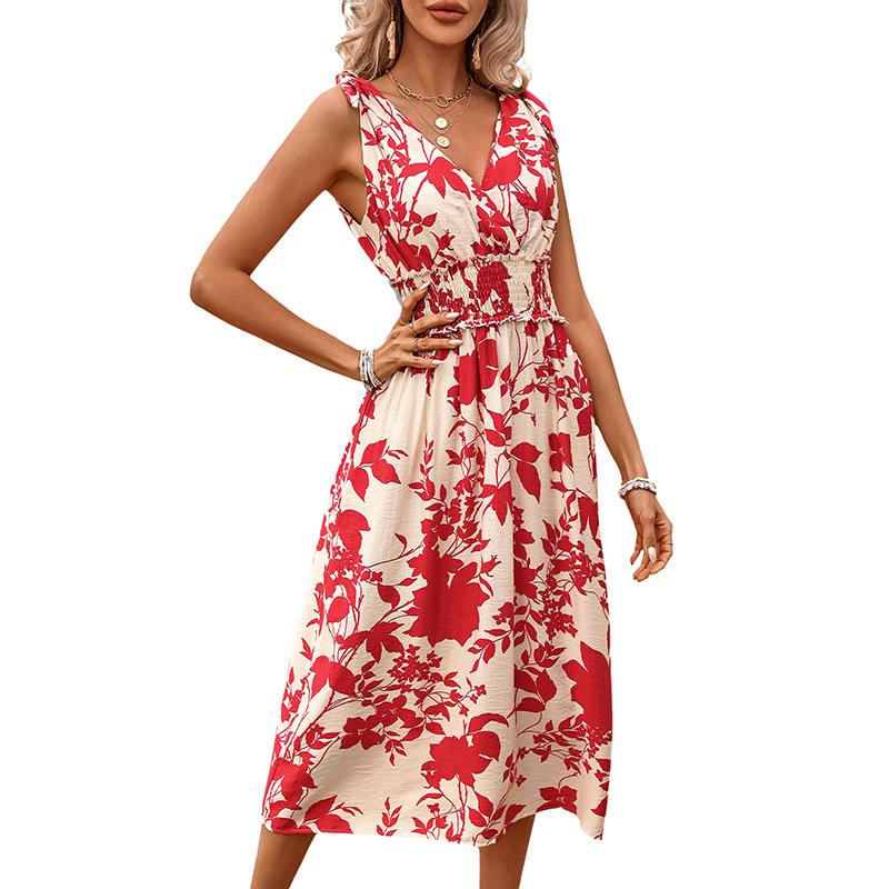 Europe 2025 Summer Vacation Wind Sleeveless V-neck Red Floral Print Seaside Dress