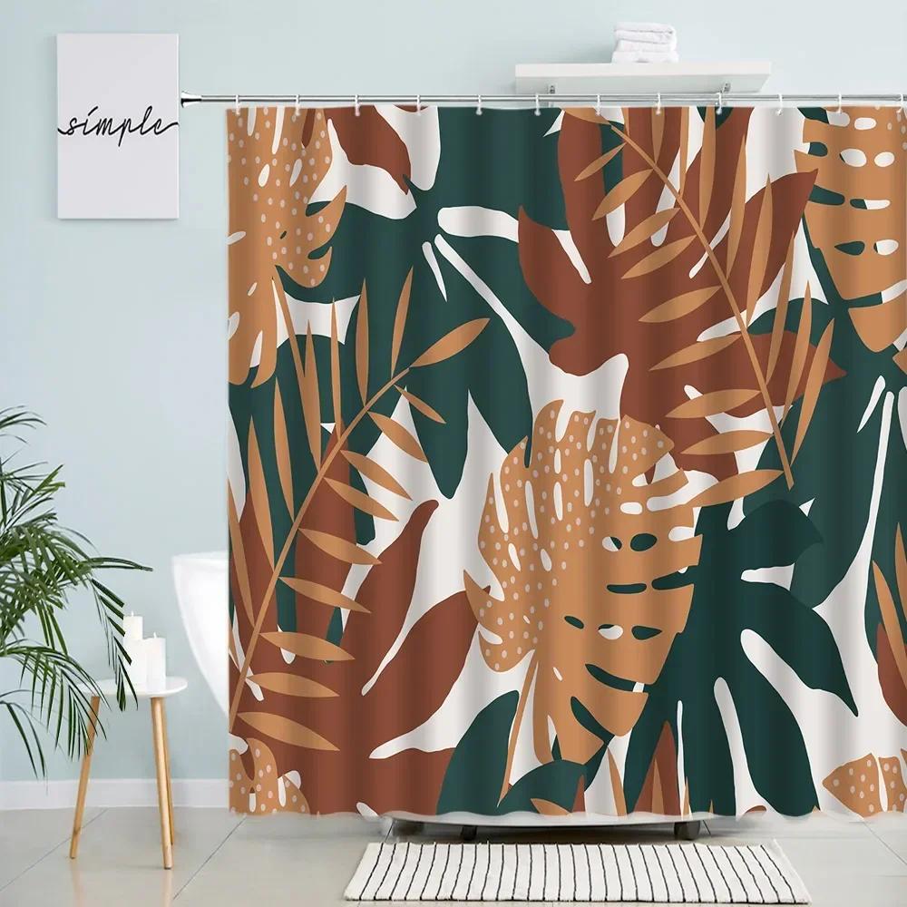 Leaves Shower Curtains Tropical Plant Monstera Palm Leaf Creative Mid Century Bath Curtain Sets Fabric Bathroom Decor With Hooks