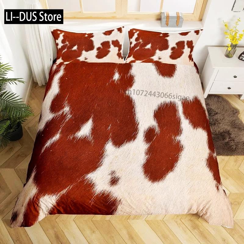 Cowhide Print Duvet Cover Queen Microfiber Western Farmhouse Animal Skin Fur Bedding Set 3pcs for Kids Teen Cow Quilt Cover