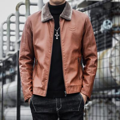Pánská bunda s integrovanou kožešinou Podzimní a zimní Nová Trendy Korejský Styl Pěkná Kožená Bunda Zesílená s Podšívkou