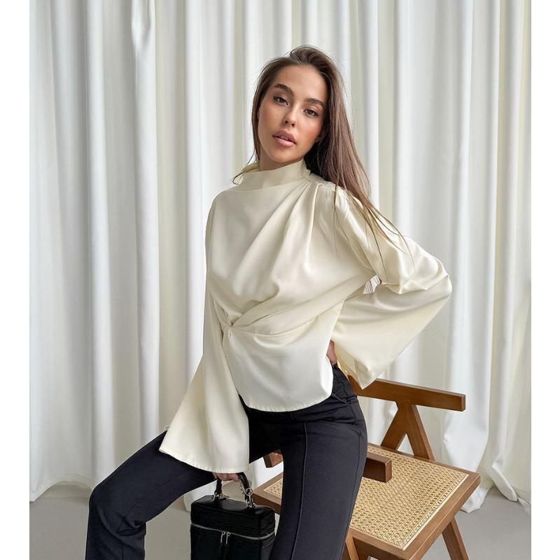 French Style Stand Collar Chiffon Flared Sleeve Pleated Split Shirt