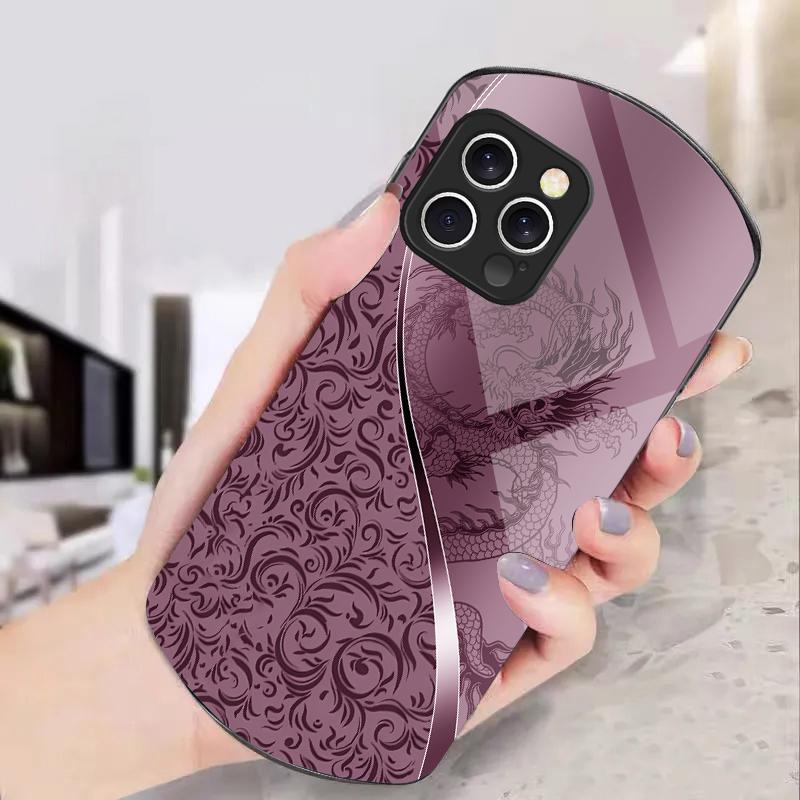 Smoczy Totem Różowo-Fioletowy Dla iPhone 16 15 14 Pro 13 Plus 12 mini 11 13Pro Max XR X S 7 8 6 Eliptyczne Hartowane Szkło Etui na Telefon