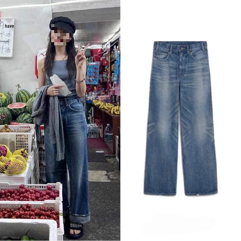 

Liu Haocun Inspired Retro Blue Wide-Leg Denim Pants: Women s High Waist, Loose Fit, Washed, Straight, Floor-Length Trousers S синий
