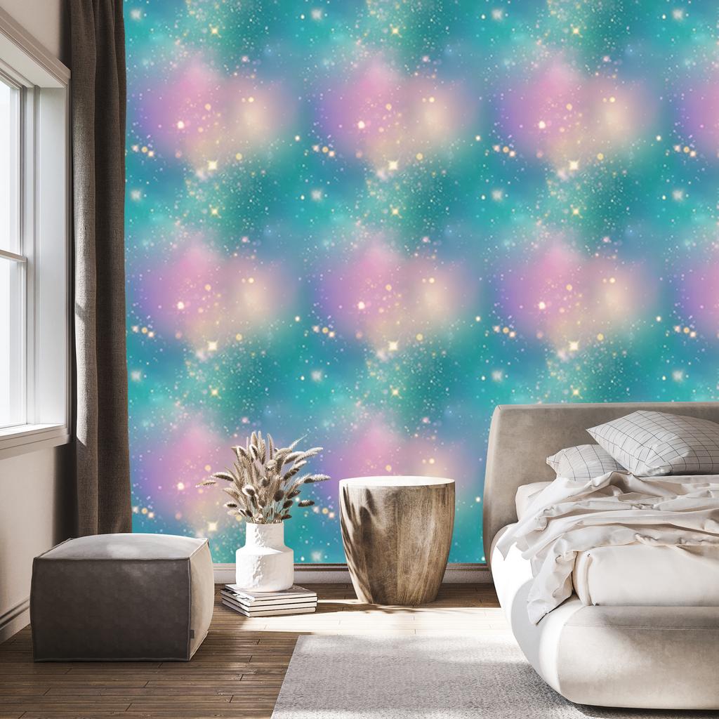Watercolor Galaxy Wallpaper Turquoise, Blue and Violet 50x1000