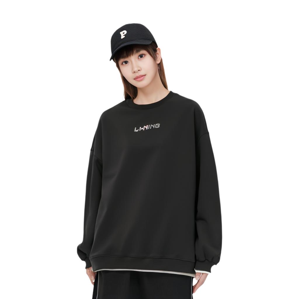 Li Ning Training Series Rhinestone Logo Loose Fleece Warm Sports Hoodie Women hoodies Black AWDRD44-2