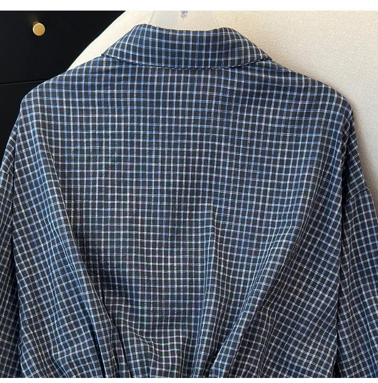 Korean Spring Casual Plaid Blue Women's Cropped Waist-Cinching Long Sleeve Shirt