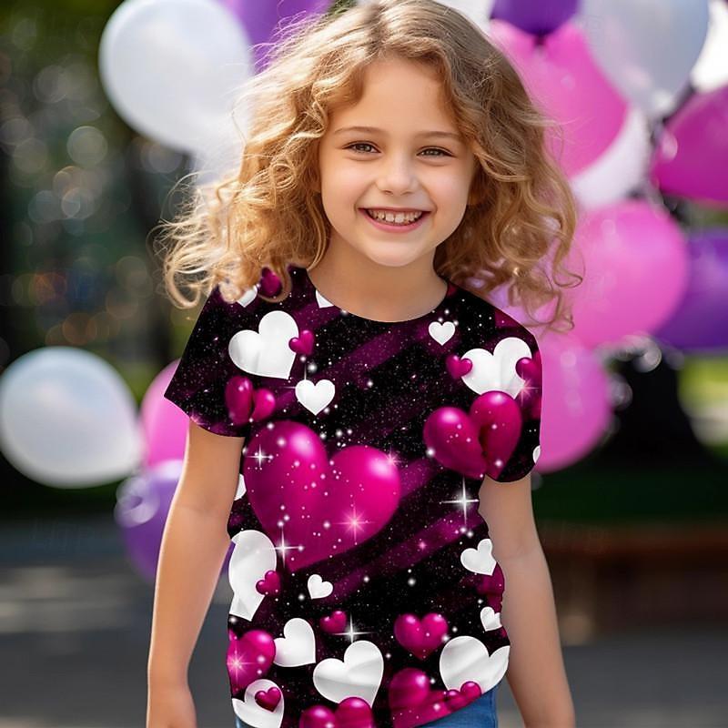Valentines Girls' 3D Heart Tee Shirt Pink Short Sleeve 3D Print Summer Active Fashion Top
