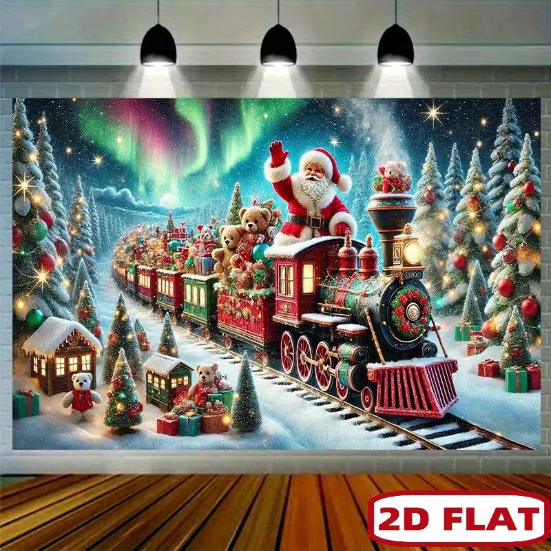 

2D Santa Claus Christmas Train Backdrop Polar Bear & Gifts Photo Booth Background 47.2x31.5inch/120*80cm