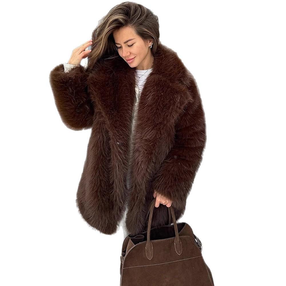 Autumn and winter warm fox fur coat brown retro imitation fur coat suit collar versatile plush coat women