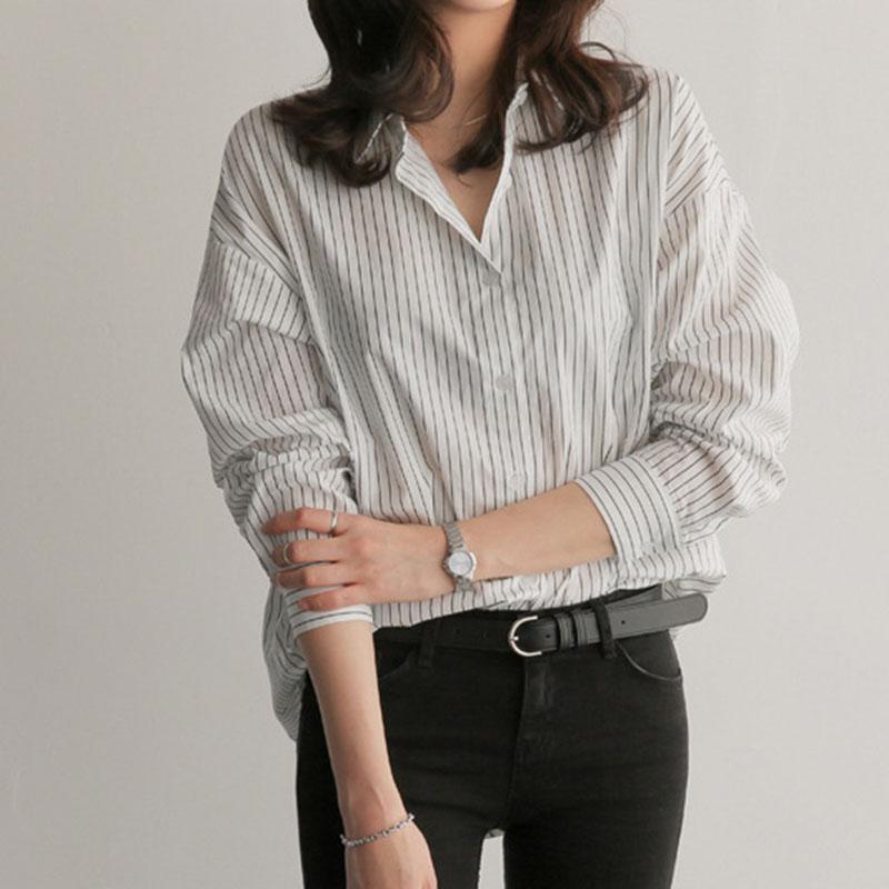 Loses Damen-Shirt, große Größe, langärmelig, gestreift, lässiges Damen-Top