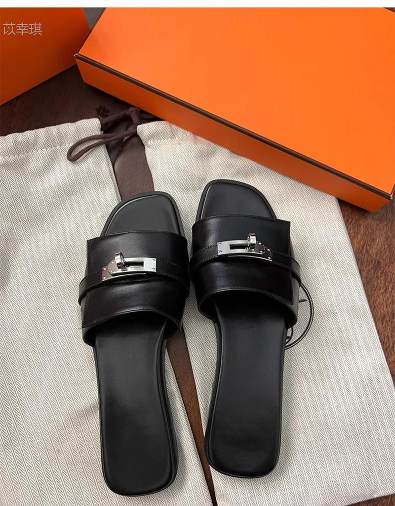 Schaffellversion~ Französische Metallschloss-Slipper Damen Sommer Leder Zehenfrei Flachbodenmode Oberbekleidung Coole Slipper