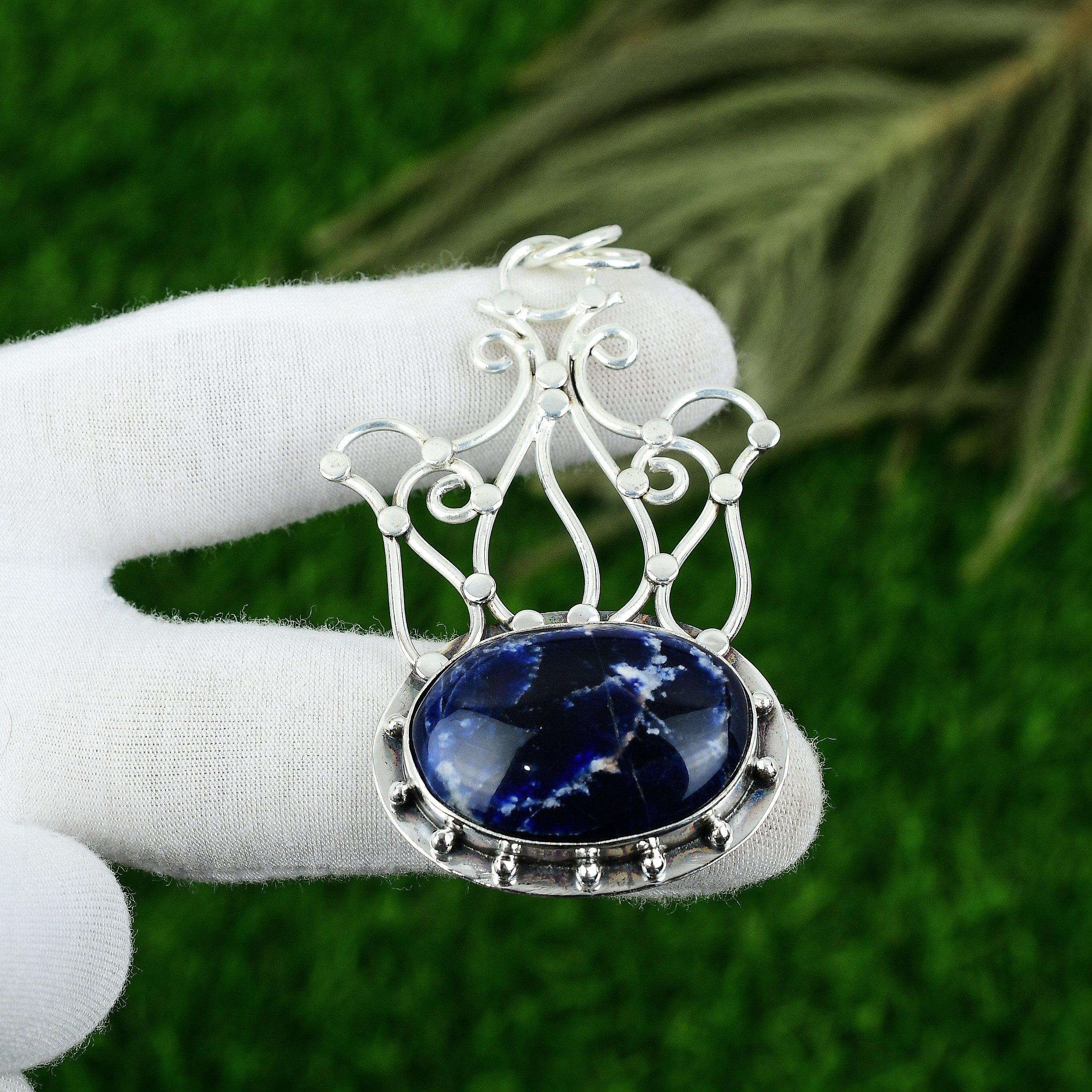 

Распродажа ко Дню женщин Серебро 925 пробы Овальный камень содалит Этническая оправа Новый кулон