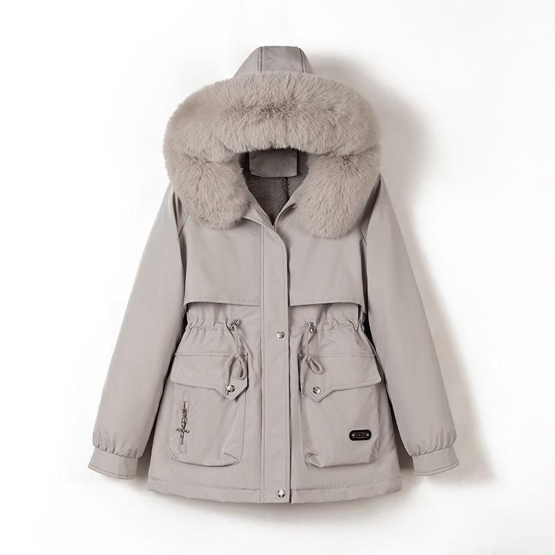 Women's new winter versatile cotton clothes, fleece hooded jacket, big fur collar warm cotton-padded clothes, women's cold protection