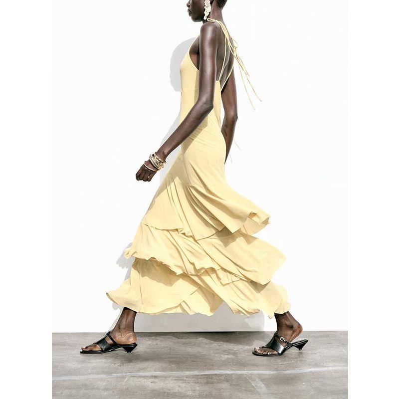 Summer New Product Women's Clothes Bows Shoelace Fashion Laminated Decoration V Neck Midi Skirt Dress 5039212