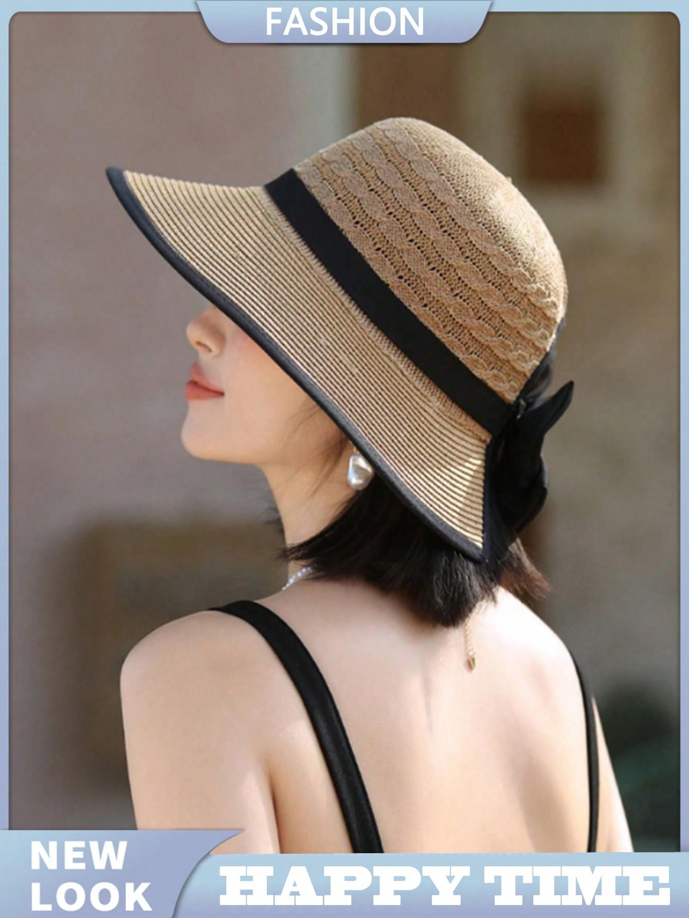 

1pc Women Summer Sun Hat, Simple & Stylish Big Brimmed Bowknot Decor Straw Hat, Versatile Sun Protection Accessories хаки