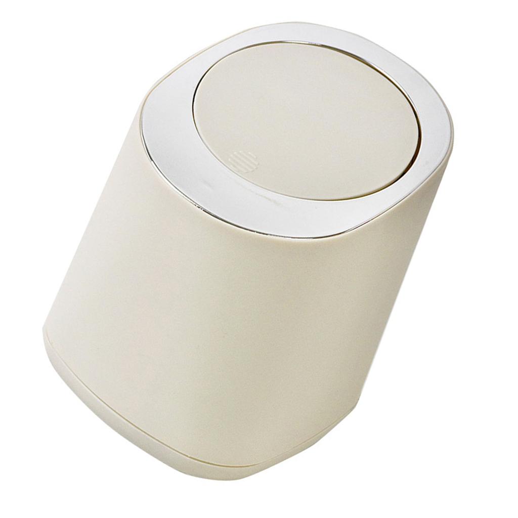 Desktop Trash Can Plastic Minimalist Design Mini Pressing Table Round Wastebasket for Office Beige