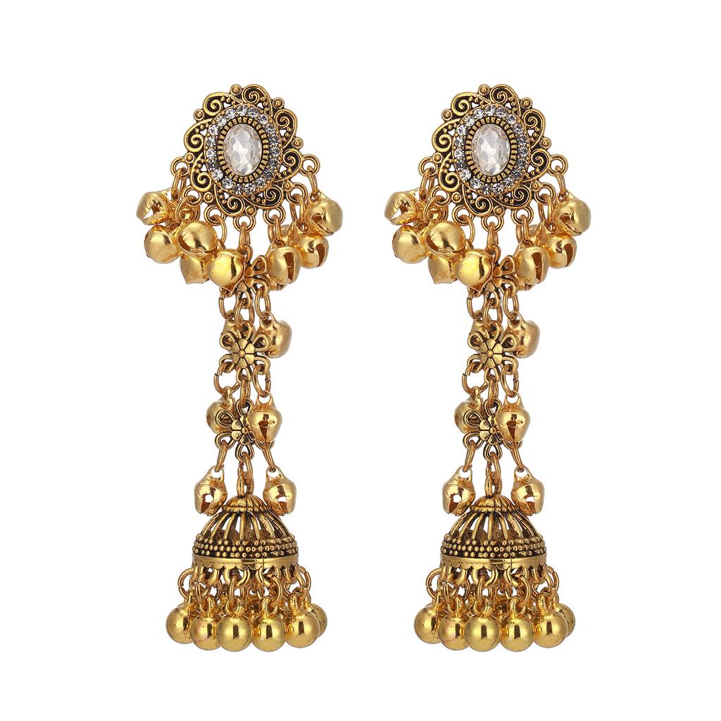 Ethnic style colored diamond-set flower fringed earrings women's retro bohemian earrings European and American exaggerated earrings