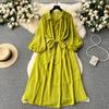 Francouzské šik Maxi šaty pro ženy Sklopný límec Lucerna Rukáv Šněrovací Dámské letní šaty Dámské Vestidos Dropship