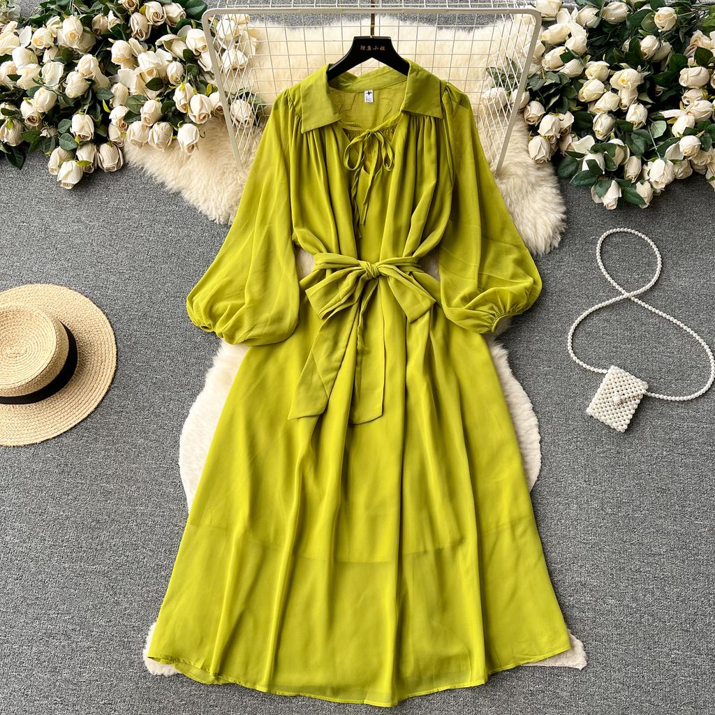 Francouzské šik Maxi šaty pro ženy Sklopný límec Lucerna Rukáv Šněrovací Dámské letní šaty Dámské Vestidos Dropship