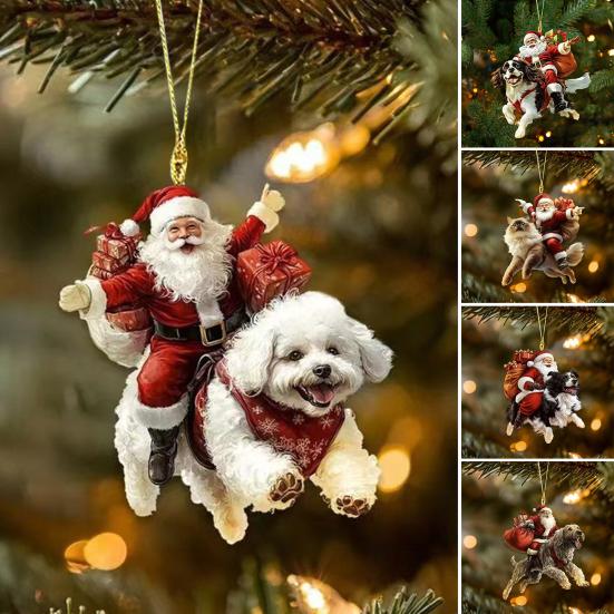 Santa Claus Dog Christmas Ornaments Funny Santa Claus Riding Puppy Ornaments 2D