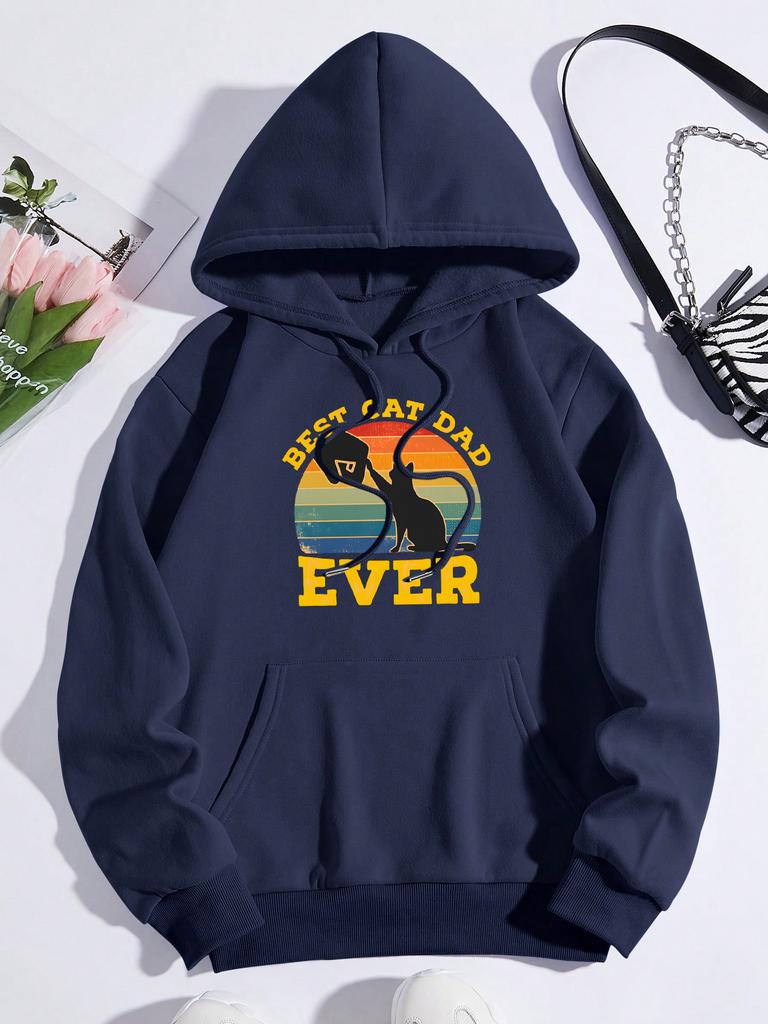 Best Cat Dad Ever Pattern Womens Hoody Hip Hop Fleece Hoodies Pocket Loose Y2K Clothes Casual Autumn Multicolor Pullover