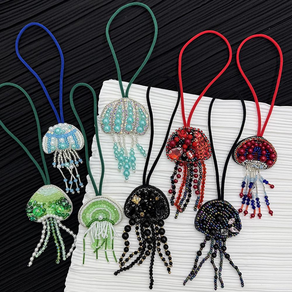 Rhinestone Jellyfish Beads Patches Bag Charm Crystal Tassel Lanyard Sewing Jellyfish Beading Applique Patch Keychain Bag Accesor
