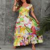 Women's Summer Tie-Dye Printed Vintage One Shoulder Strapless Long Waisted Big Swing Dresses
