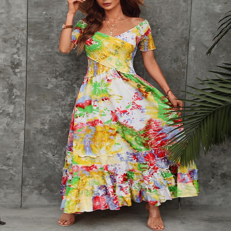 Women's Summer Tie-Dye Printed Vintage One Shoulder Strapless Long Waisted Big Swing Dresses