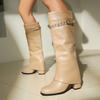 Trend Pleated Stacked Boots Pants Tube Boots Belt Buckle Rivet High Tube Thick High Heel Western Boots 40-43 Large Size