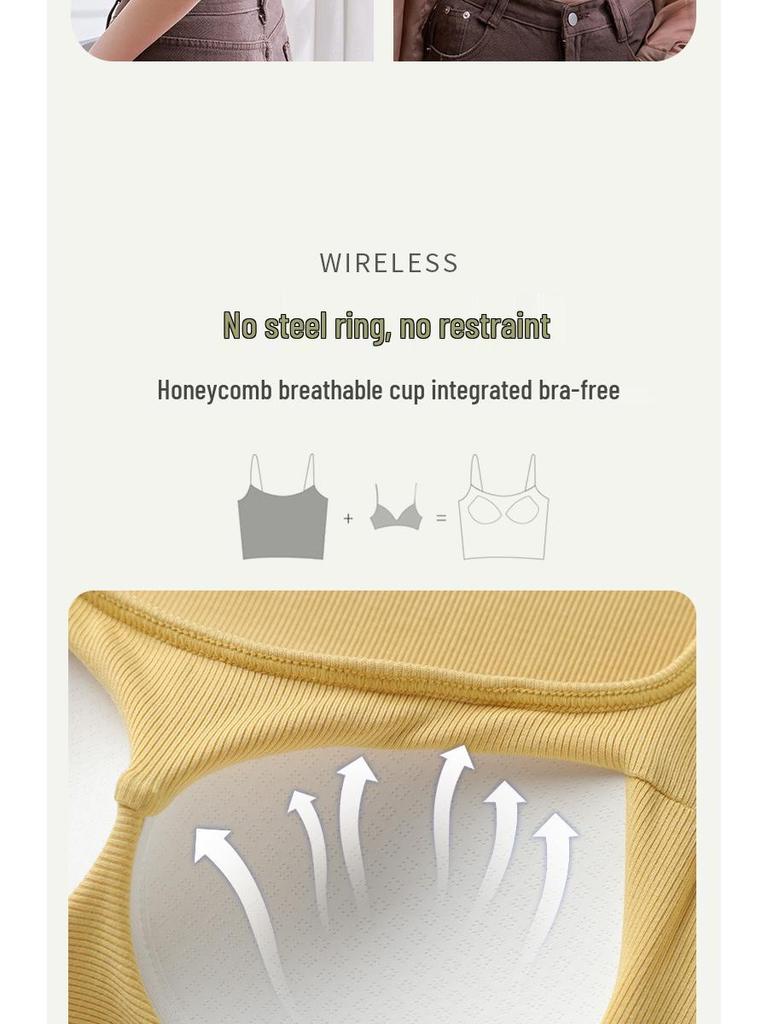 Women's Summer Sling Tank Top with Integrated Padded Bra, Thin Style, Anti-Auxiliary Breast Bandeau.