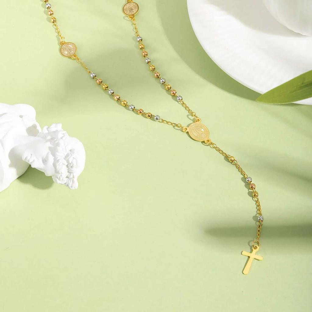 Prjewel Stainless Steel Virgin Vrand Three-Color Beaded Y-Shaped Necklaces for Women The Holy Spirit Cross Pendant Necklace New