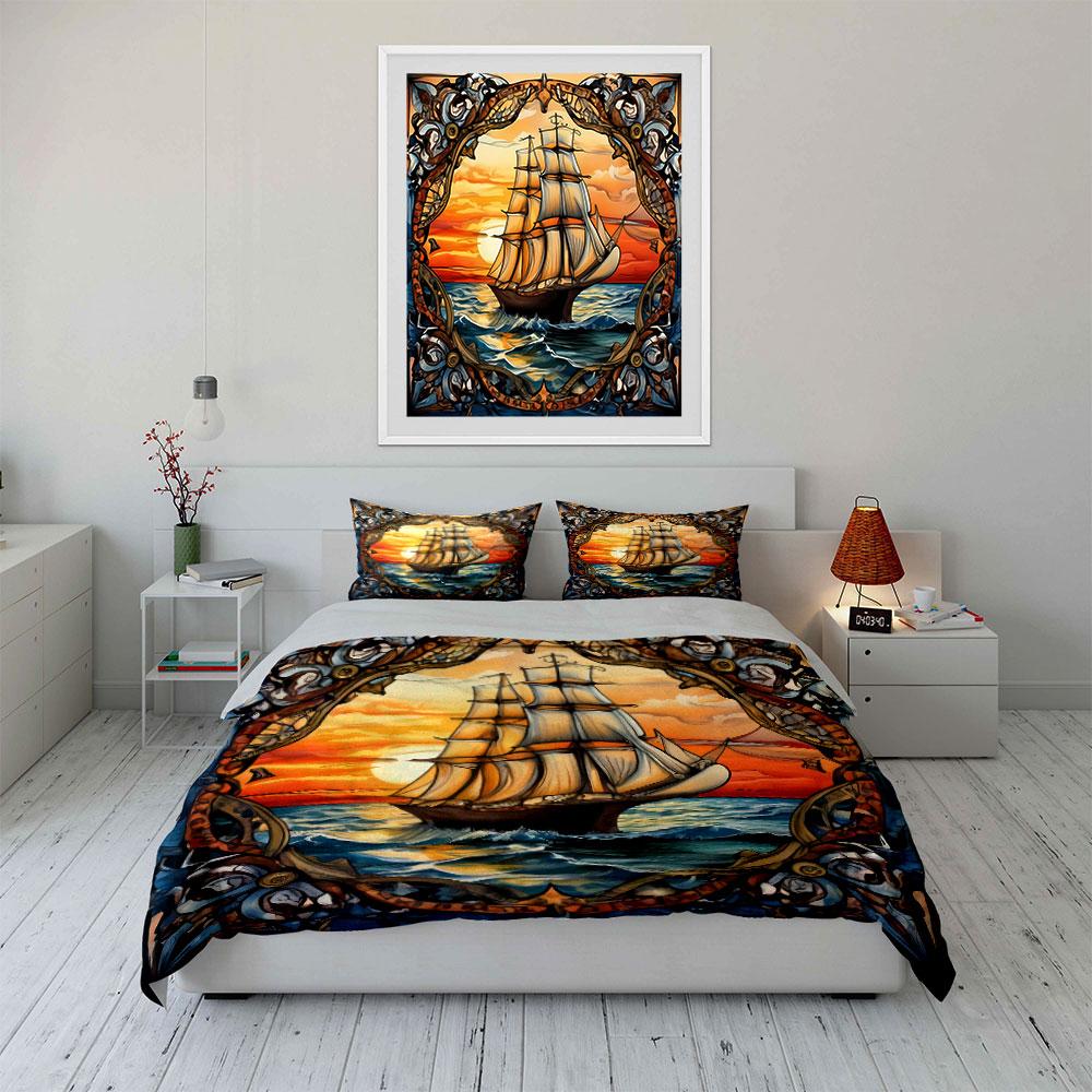 Sailing Ship Sunset Art Decor Kid'S And Adults' Bedroom Decor, Exquisite Three-Piece Bedding Set Gift