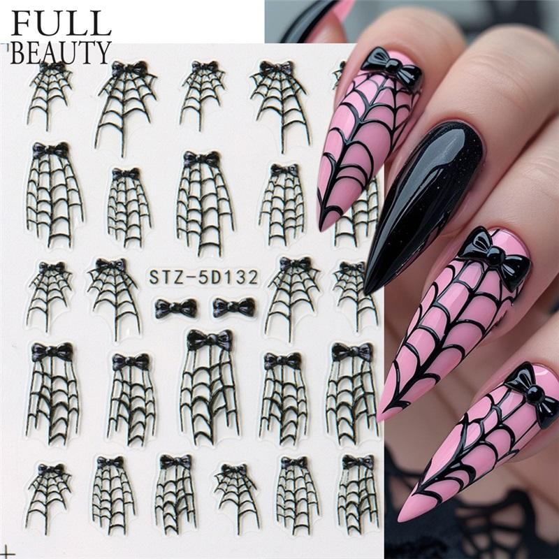 New nail art stickers embossed 5D three-dimensional Halloween cartoon bow ghost-shaped spider web nail stickers