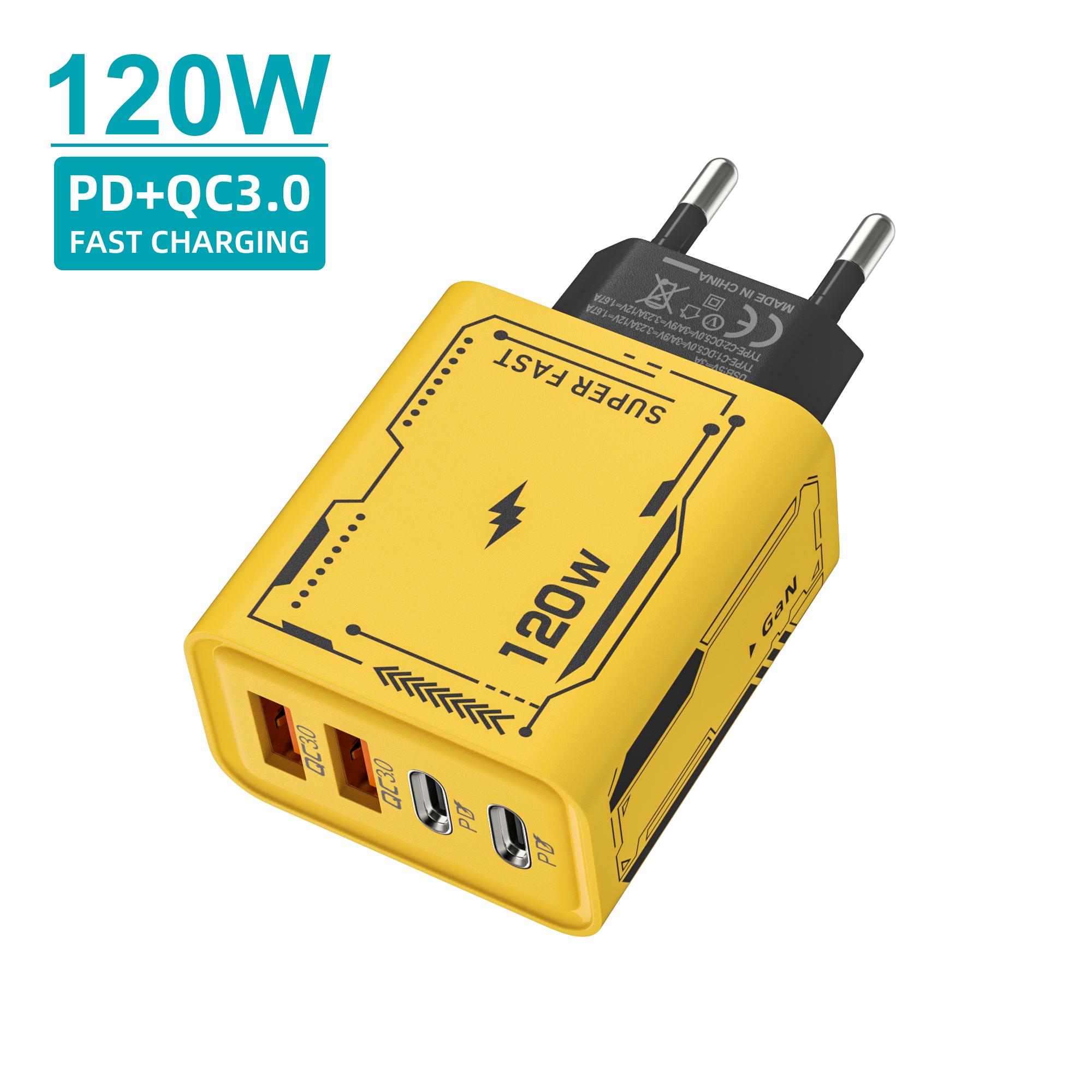 

120 Вт быстрое зарядное устройство TypeC кабель сверхбыстрая зарядка 4 порта USB C Pd высокоскоростной телефон зарядное устройство адаптер для Xiaomi Iphone Huawei EU Plug жёлтый