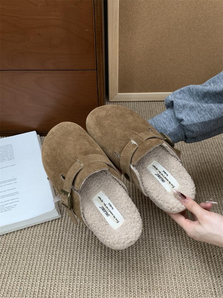 3CM inner height increase thick-soled Birkenstocks women's velvet autumn and winter new Mori retro ugly cute bag head half slippers