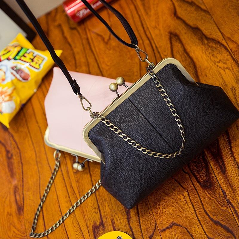 New Women's Bag Clip Mouth Shell Bag Autumn and Winter European Retro Hand-held Shoulder Bag PU Chain Bag