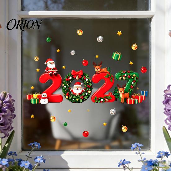 Holiday Party Decorations 2027 Christmas New Year Window Clings, Santa Reindeer Gift Ball Static Easy Installation Stickers Decals, PVC Removable