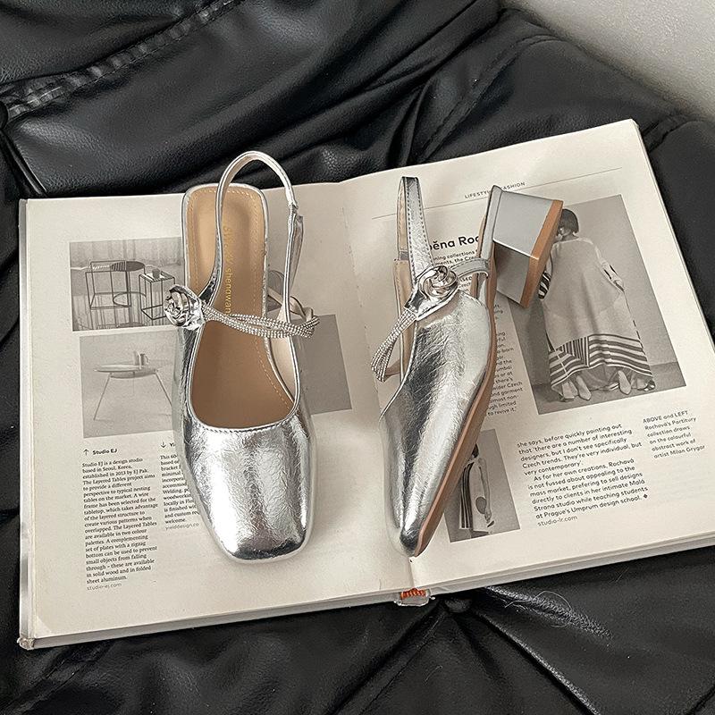 French Minimalist Temperament Square Head Thick Heel Mary Jane Shoes Women's 2025 New Summer Rhinestone Single Shoes Bag Head Sandals