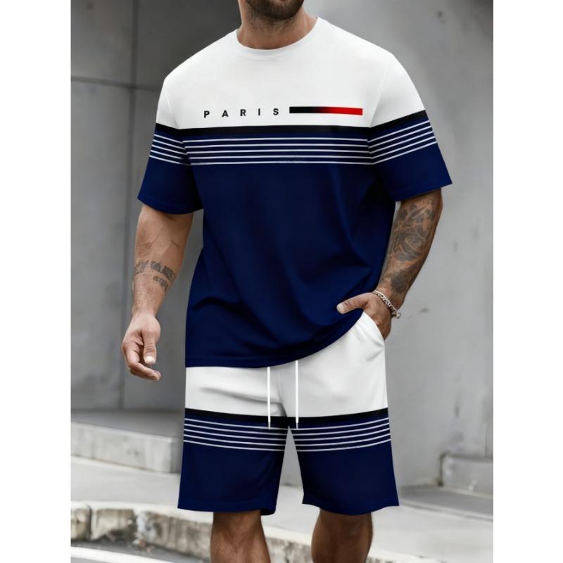 Fashion Stripe Printed T-Shirt Shorts 2-Piece Set Plus Size Outdoor Casual Men's Clothing Breathable Short Sleeve Shorts Suit