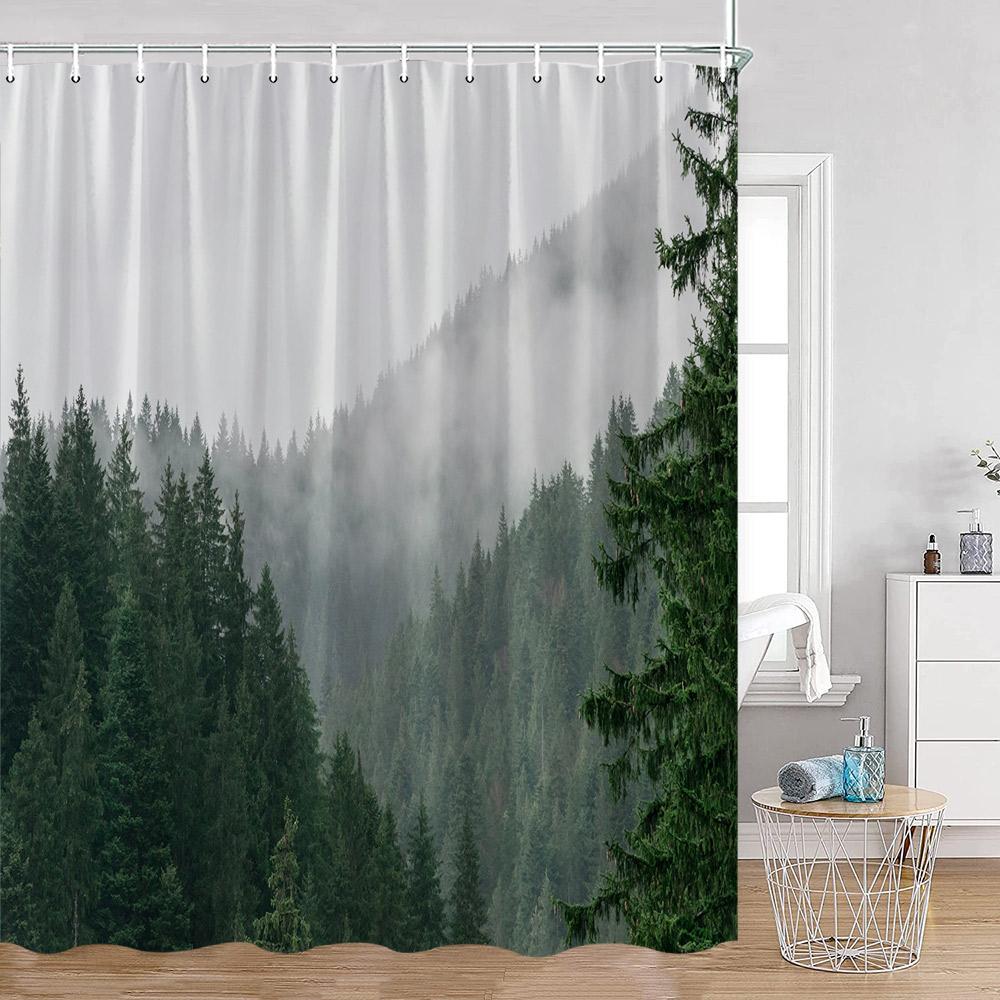 Misty Pine Forest Shower Curtains Rustic Nature Forest Green Pine Trees Fantasy Woodland Bath Curtain Modern Home Decor for Bath