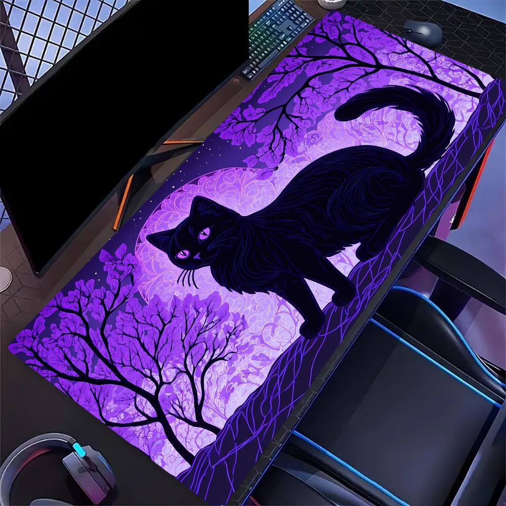 Gothic Black Cat Large Extended Gaming Mouse Pad Non Slip Desk Mat Purple Magical Forest Skull Art Keyboard Mouse Pad For Laptop