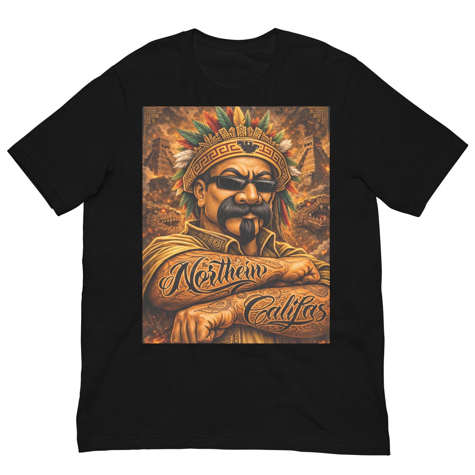 Northern Calles Aztec Shirt, Chicano Warrior Art Tee, Mexican Heritage Graphic T-Shirt, Tribal Street Culture Design S