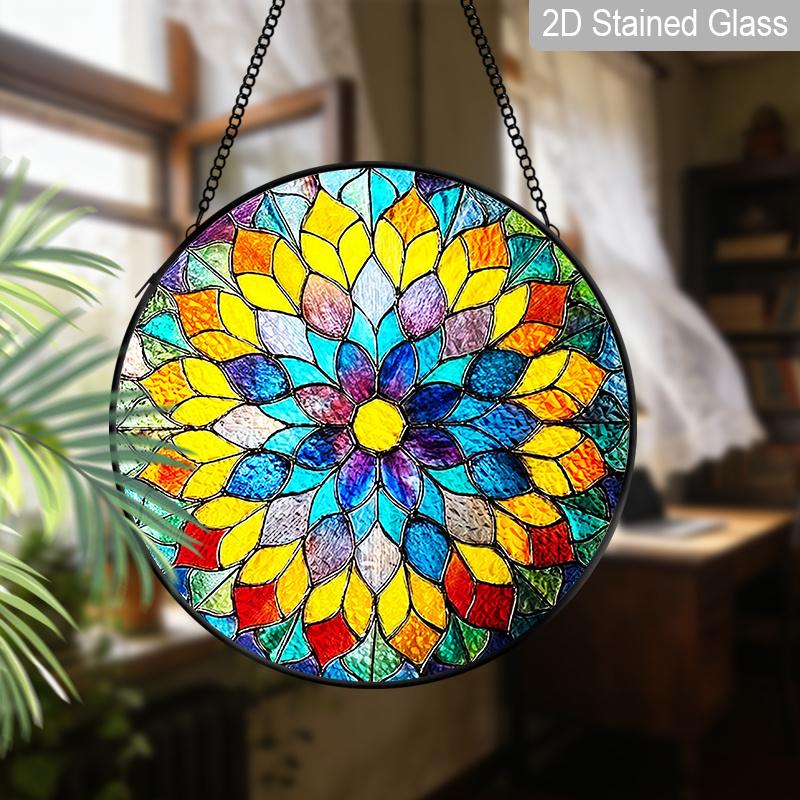 2D Flat Stained Glass Rainbow Mandala Window Decoration, 6.3/7.87inches Colored Glass Plate with Chain, Charming Indoor/Outdoor Sun Catcher Home