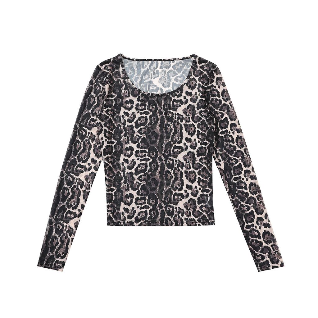 Style européen et américain automne nouveau vêtements pour femmes imprimé léopard maille perspective col rond manches longues haut T-shirt coupe ajustée