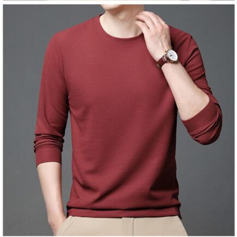 Tricou nou de toamnă cu mâneci lungi Cămașă tatăl de vârstă mijlocie pentru bărbați de culoare uni Pulover versatil pentru bărbați cu gât rotund